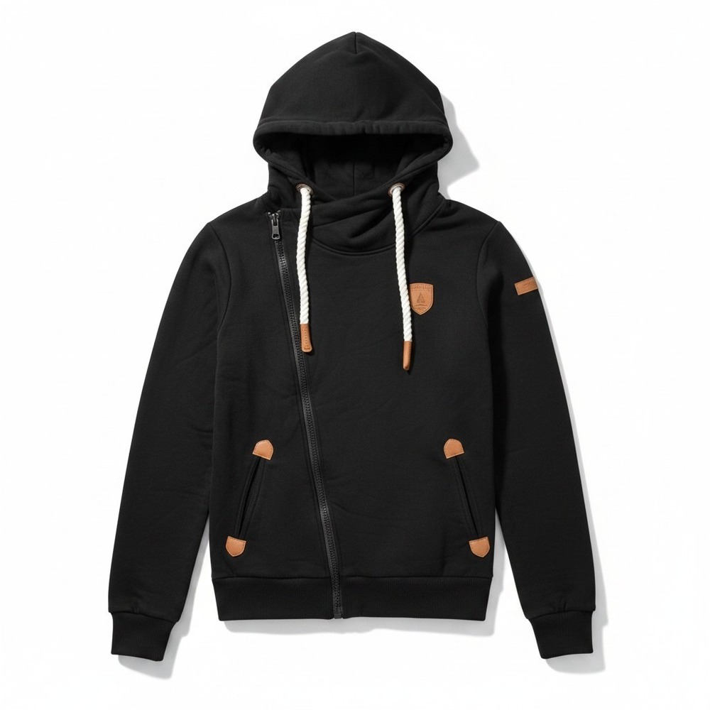 Wanakome‎ Canada Womens Black Asymmetrical Side Zip Cowl Neck Hoodie Sweatshirt